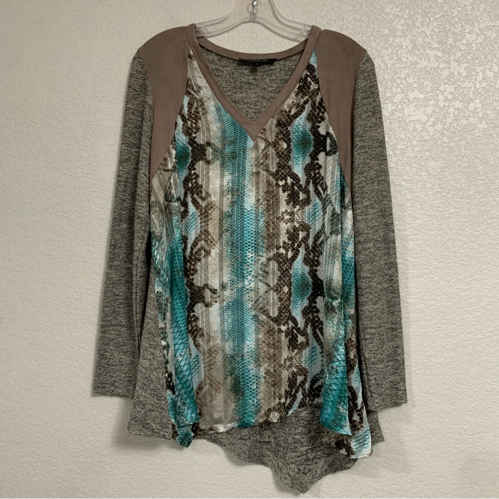 Poeme Citron Top Womens L Boho Artsy Snake Print Mixed Media Faux Suede Knit